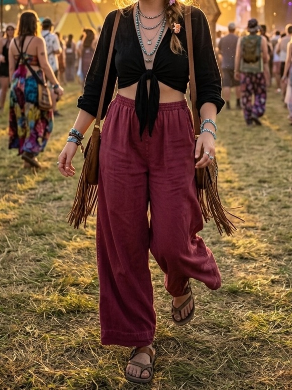 Tianello Wide-Leg Tencel/Rayon Pants in Raspberry Boho Granola